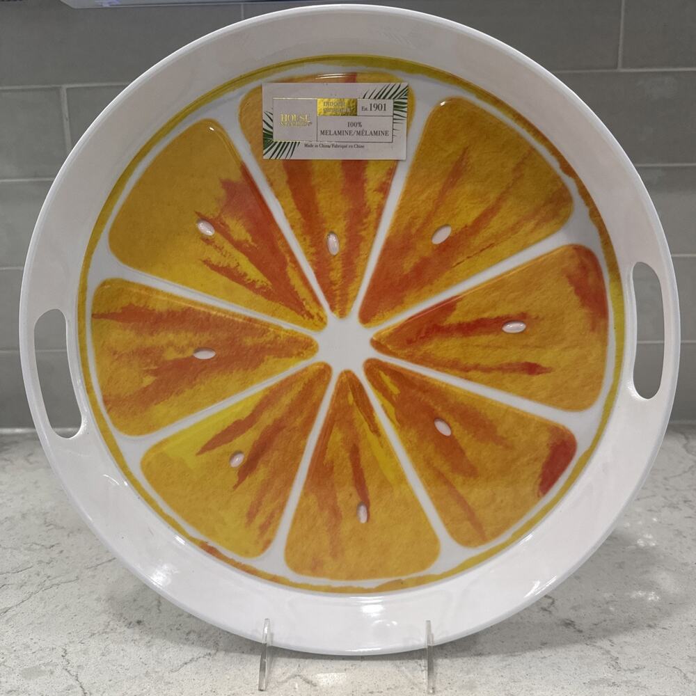 100% Melamine 14” Round LEMONS CITRUS Serving Tray w/ Handles House & Garden NEW
